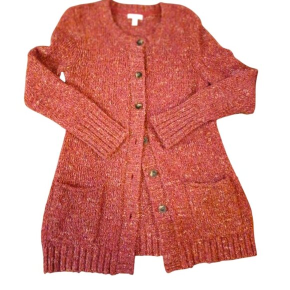 CHARTER CLUB Red Tweed Crew Neck Wool Blend Cardigan Size M - Picture 2 of 12